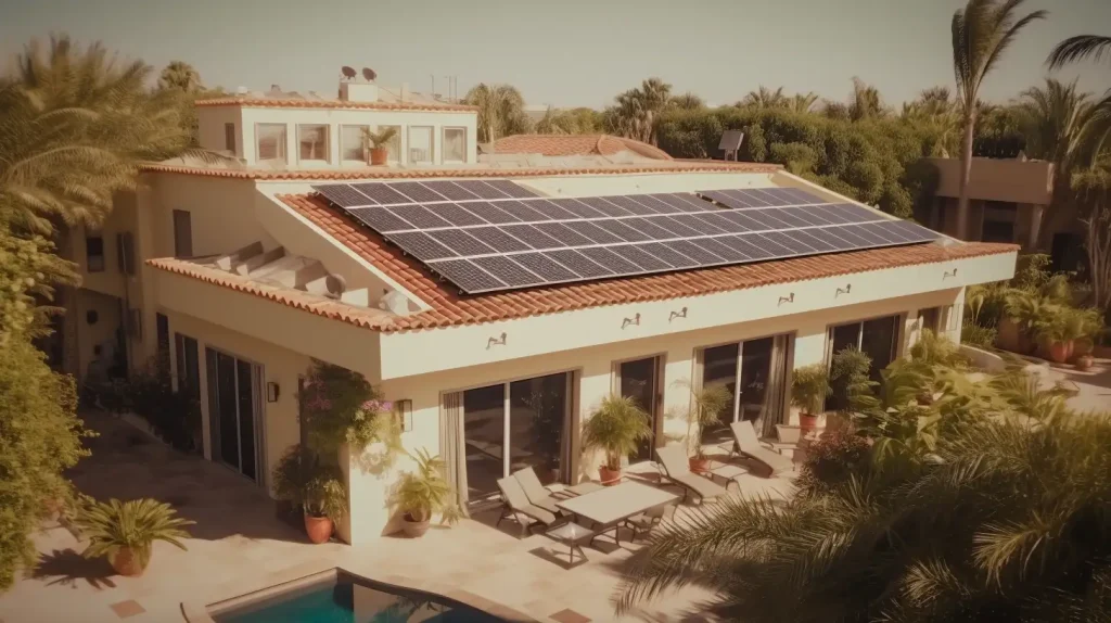 Realistic detail rich solar powered villa roof aerial